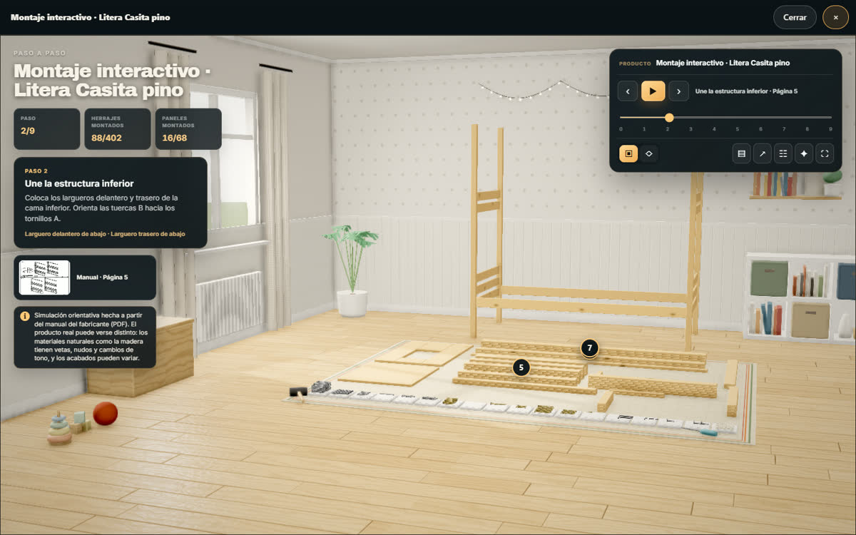 El montaje 3D dentro de una habitación, con el panel de pasos